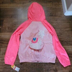 New girls packable windbreaker light jacket pink llama size XL 14 16 storage